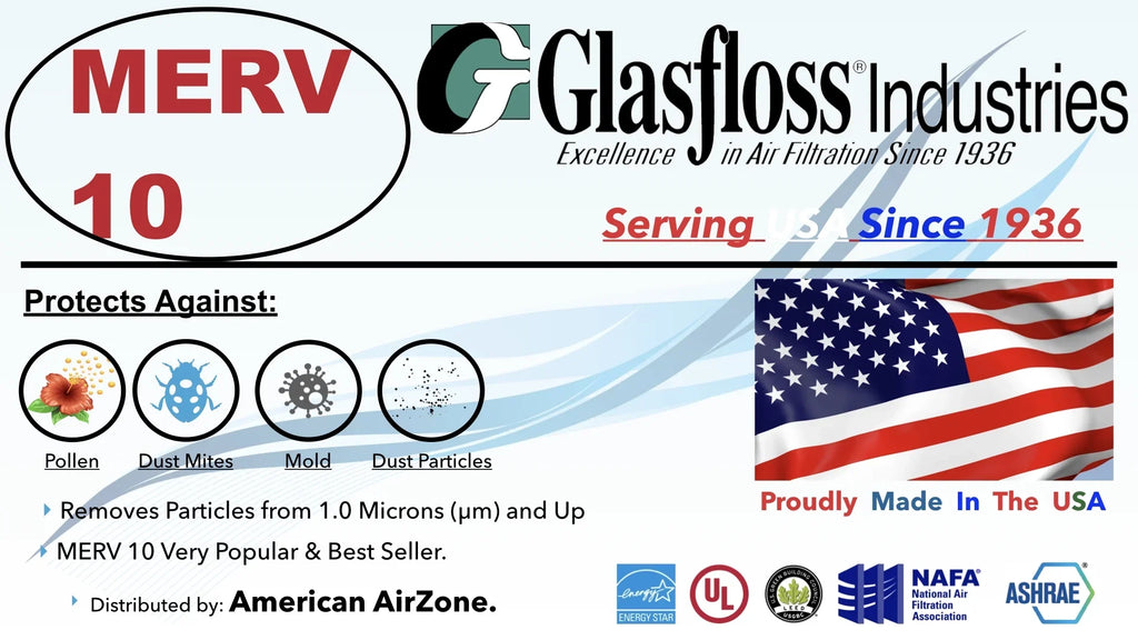 Glasfloss Air Filter 14x14x2 - 2" MERV 10 - (Pack of 12) - Pleated AC or HVAC Air Filter - Furnace Air Filter - Home or Office - Made In The USA.