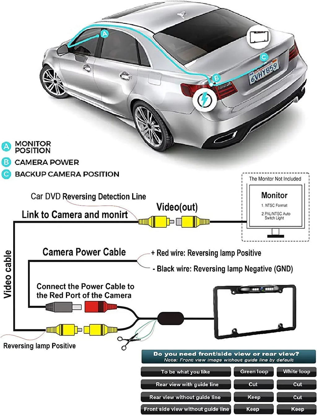 Backup Camera Rearview License Plate Liquid for Kenwood DMX-125BT DMX125BT Black