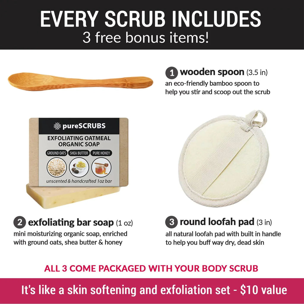 pureSCRUBS Premium Organic Body Scrub Set - Large 16oz ROSE BODY SCRUB - Pure Dead Sea Salt Refurbished Organic Essential Oils & Nutrients + FREE Wooden Spoon, Loofah & Mini Organic Exfoliating Bar Soap