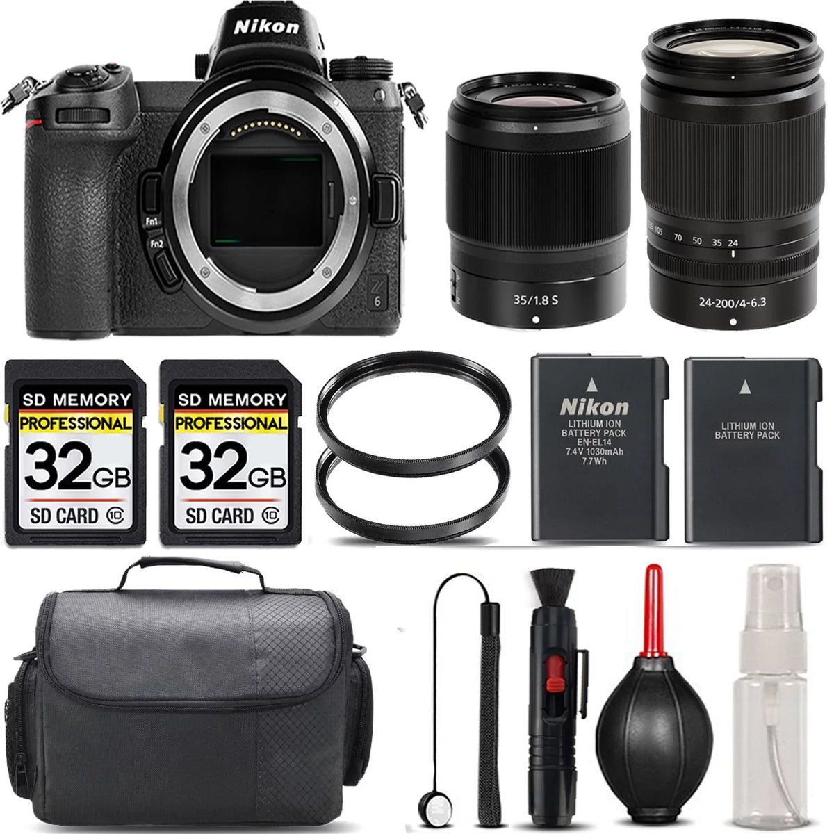 Z6 Mirrorless with 24-200mm f/4-6.3 VR Lens + 35mm f/1.8 S Lens + 64GB Storage + UV Filter + Backup Battery + Case + Cleaning Kit - International Version