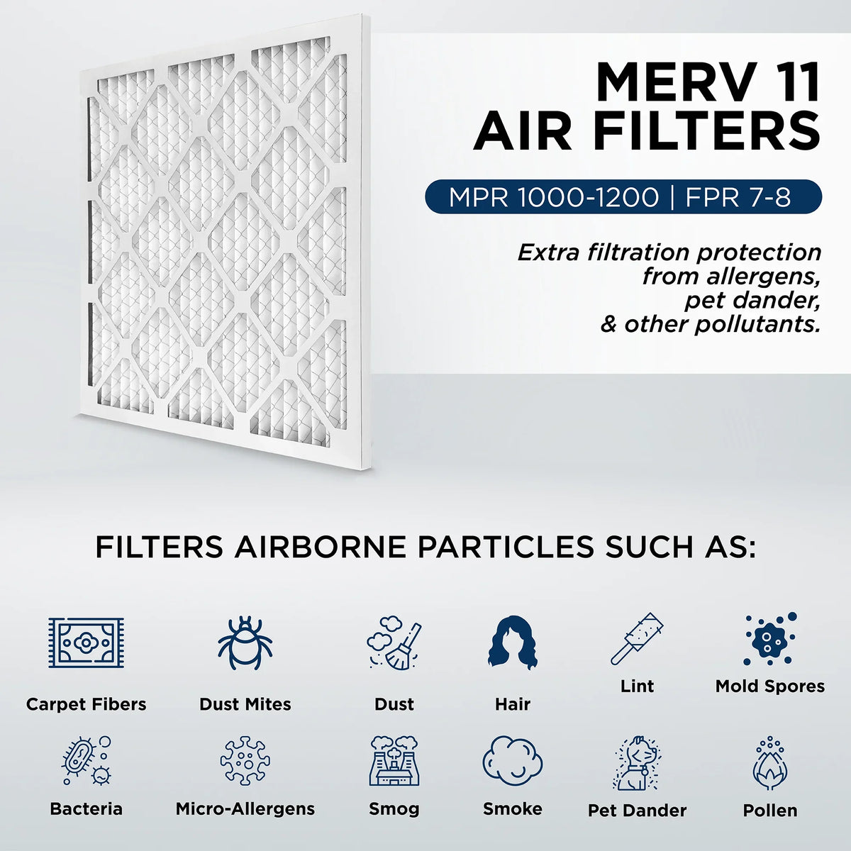 19-7/8 x 21-1/2 x 1 MERV 11, MPR 1000 Pleated AC Furnace 1" Air Filters by Pamlico. Case of 12. Actual Size: 19-7/8 x 21-1/2 x 3/4