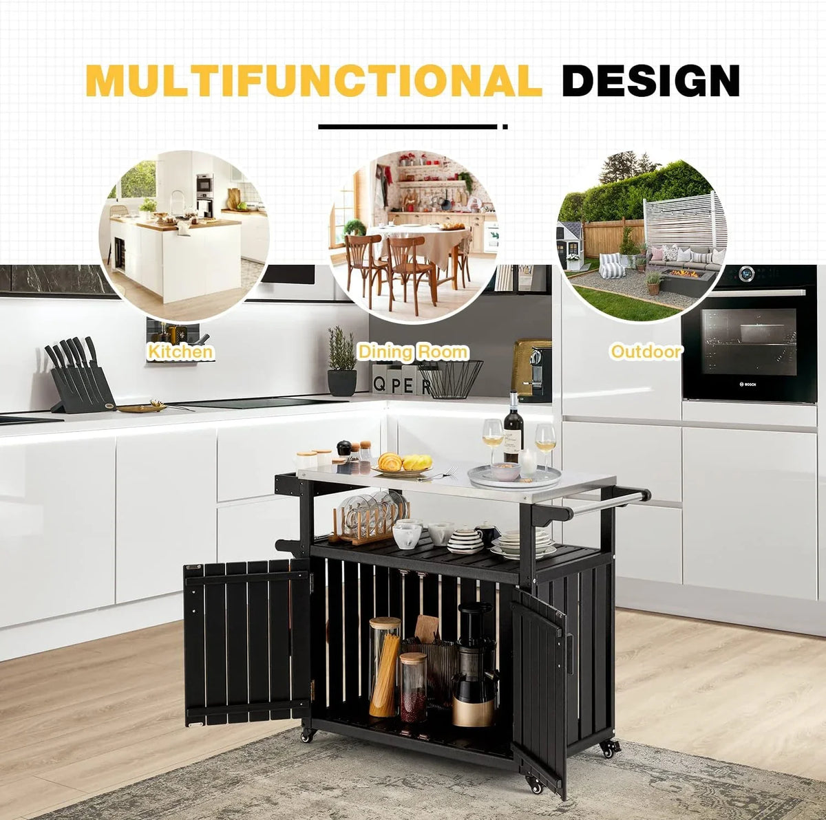 Kitchen Cart, HDPE Kitchen Island With Stainless Steel Top And Storage Cabinet, Rolling Island Table With Hooks, Spice Rack, Towel Rack, Black