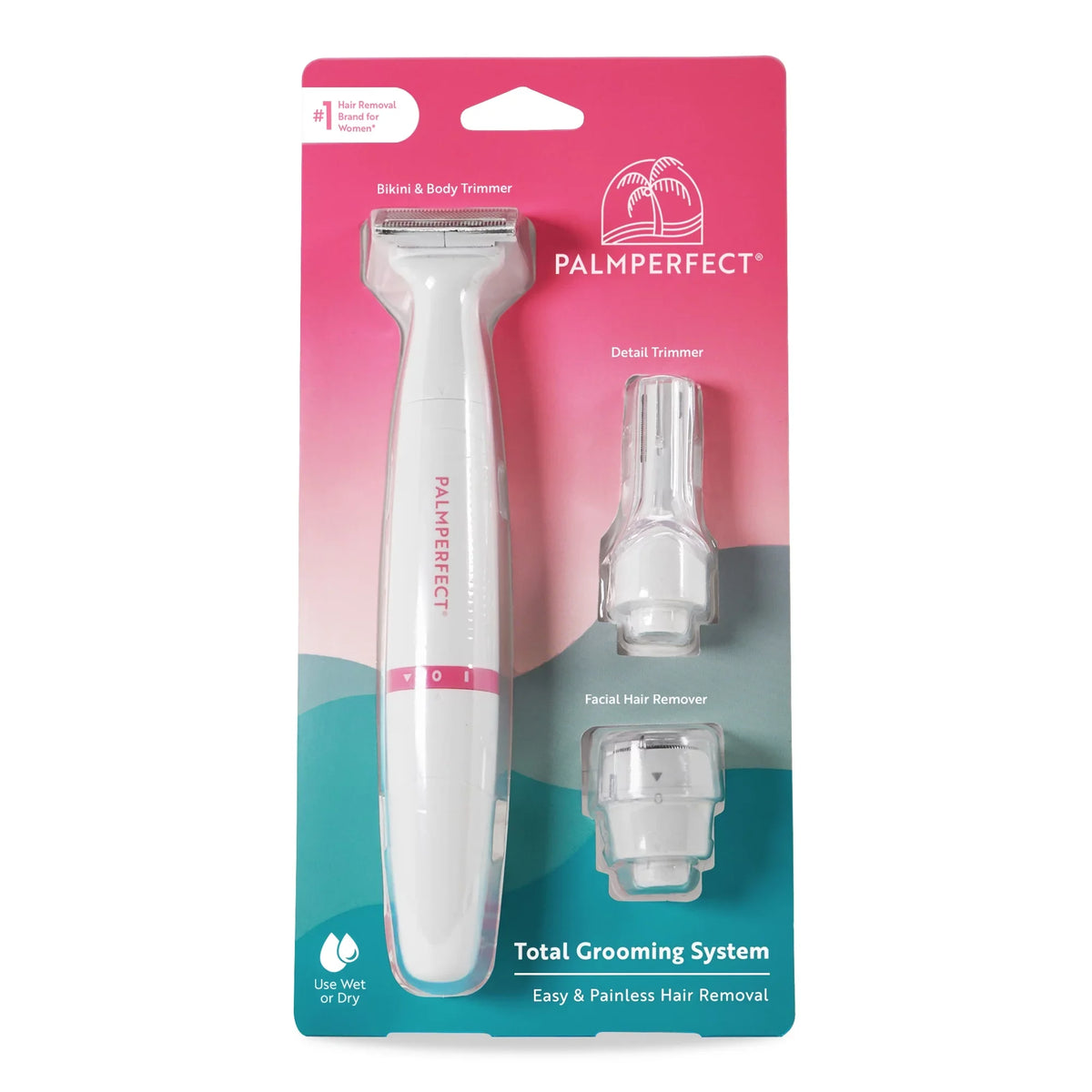 PALMPERFECT Total Grooming System, 3 Interchangeable Heads, Liquid Resistant, Female Electric Shaver