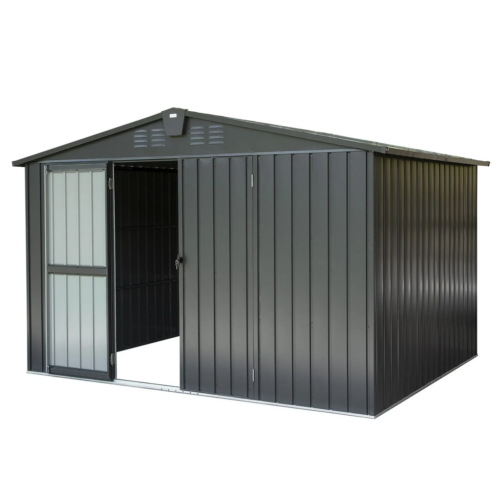 Homiyad Outdoor Storage Shed 10'X 8', Metal Garden Shed for Bike, Trash Can, Tools, Galvanized Steel Outdoor Storage Cabinet with Lockable Door for Backyard, Patio, Lawn (10X8ft, Black)