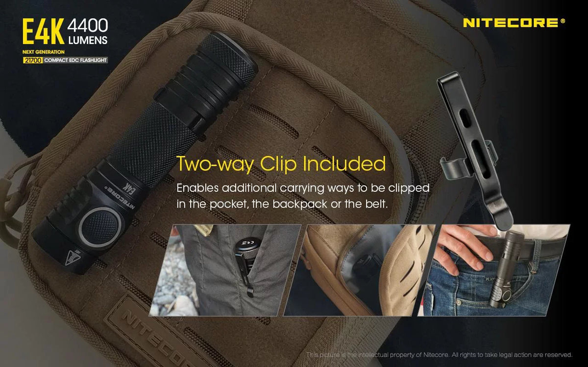 Combo: NITECORE E4K Compact EDC Flashlight - 4400 Lumens -1x NITECORE 21700 Battery Included w/Nitecore UT32 Dual Emitter Headlamp -1100 Lumens