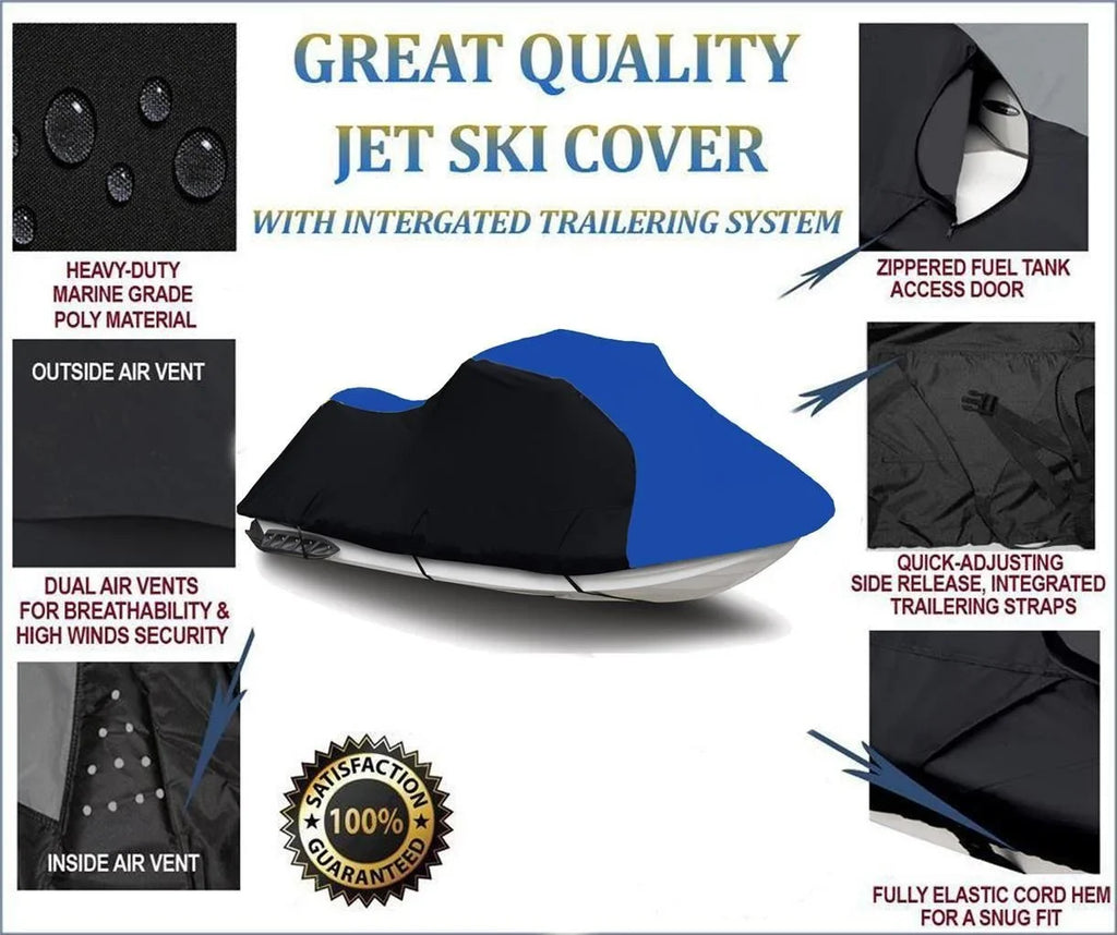 BLACK / BLUE HEAVY-DUTY, 600 DENIER Cover Compatible for Kawasaki Ultra 260X 2009 2010 Jet Ski Fluid Cover
