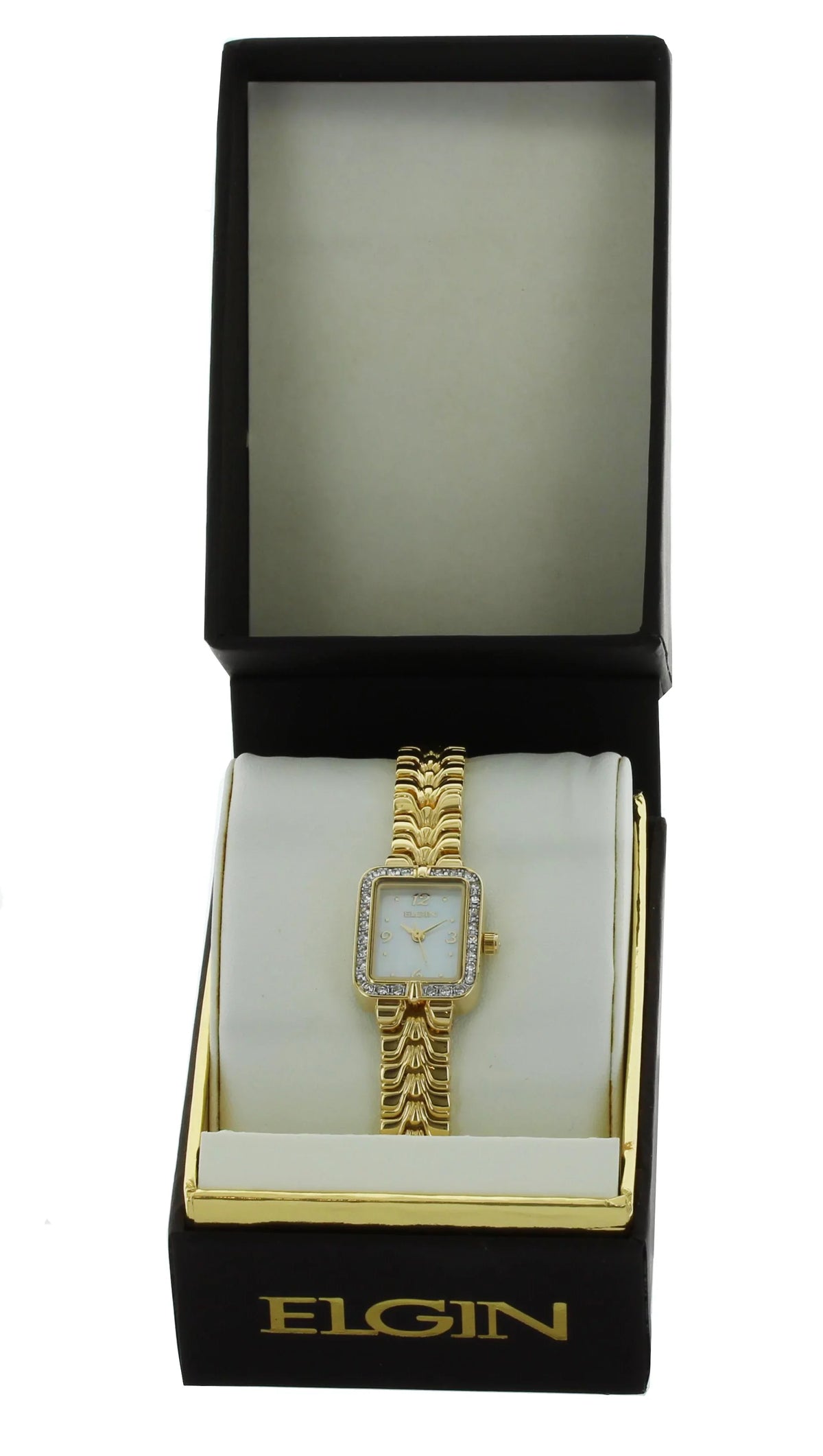 Elgin watch for women small rectangle face gold with stone on Bezel EG9050