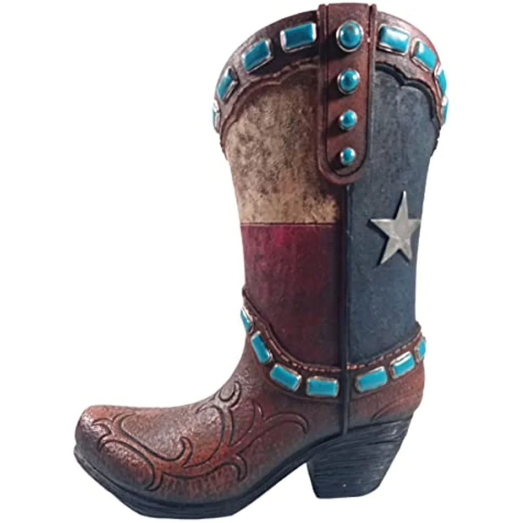 Urbalabs Western Teal Stone Texas Brown Cowboy Boot Vase Large 12 Inch Brown Teal Cowboy Boot Flower Vase Decorative Cowboy Boots Vases Home Office Rustic Decor Country Living Wedding Centerpiece