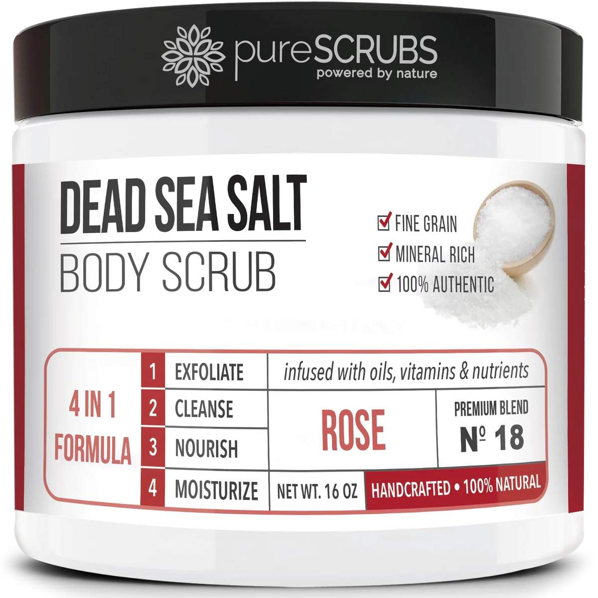 pureSCRUBS Premium Organic Body Scrub Set - Large 16oz ROSE BODY SCRUB - Pure Dead Sea Salt Refurbished Organic Essential Oils & Nutrients + FREE Wooden Spoon, Loofah & Mini Organic Exfoliating Bar Soap