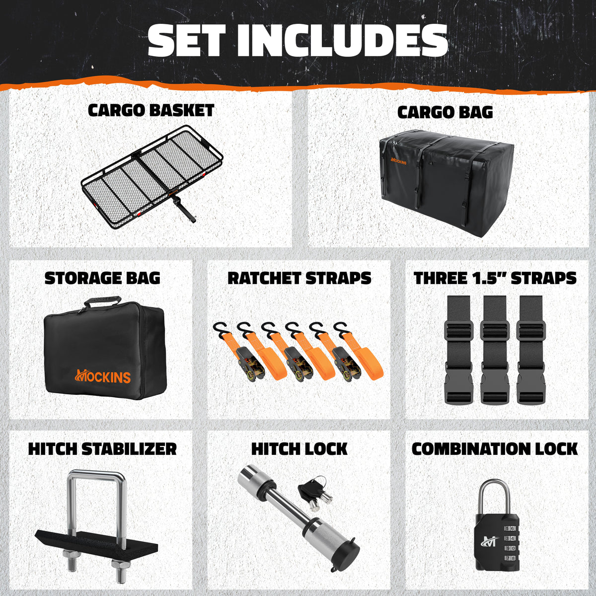 Mockins 70"x30"x6" XXL Trailer Hitch Cargo Carrier Hitch Mount | 500lbs Cap. Hitch Basket with 40 CF Bag & Foldable Arm
